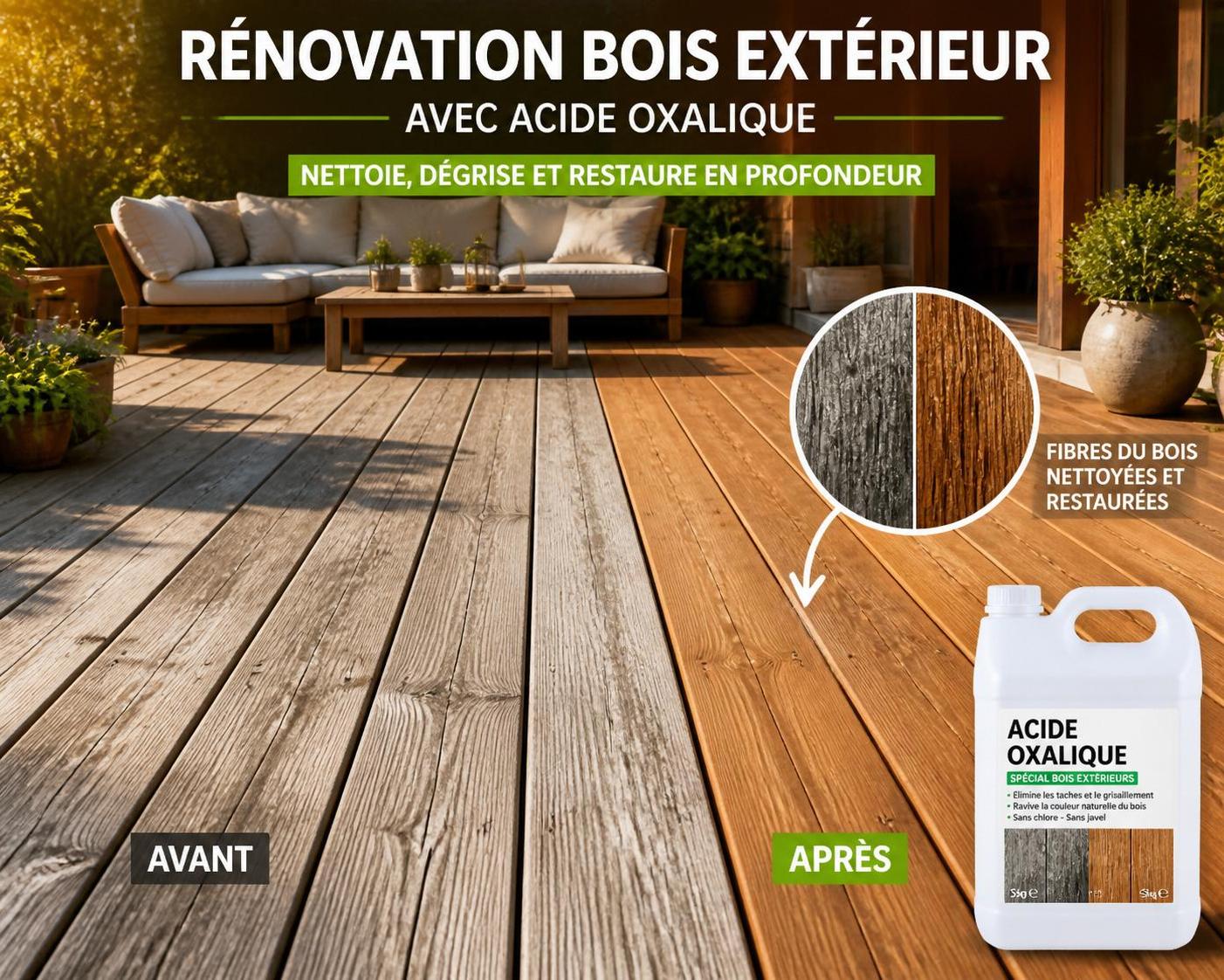 Acide oxalique bois : raviver le bois grisé de sa terrasse ou son mobilier extérieur 2 acide oxalique bois : découvrez comment raviver le bois grisé de votre terrasse ou mobilier extérieur en éliminant les taches et redonnant éclat et vitalité à vos surfaces en bois.