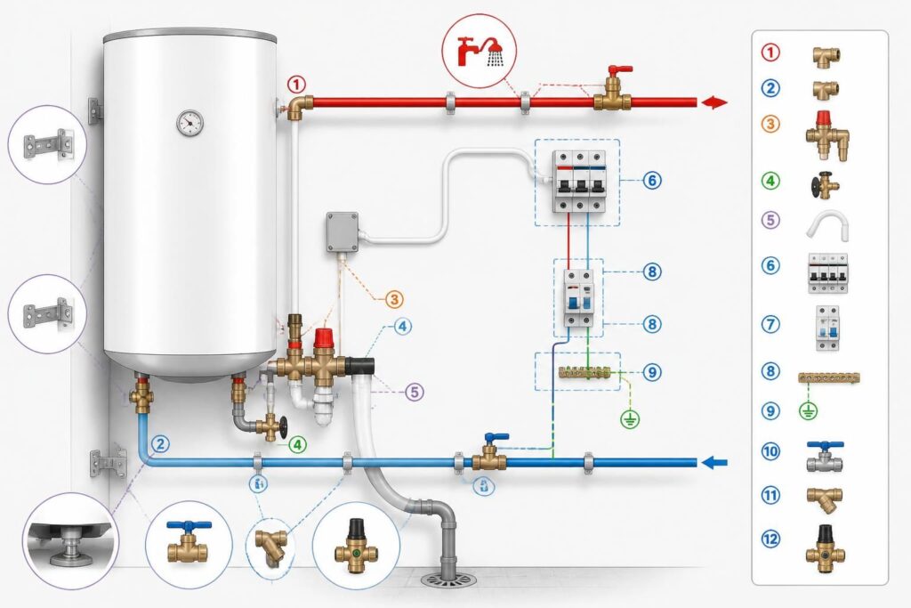 découvrez notre guide illustré avec un schéma complet pour l'installation et les raccordements essentiels d'un chauffe-eau, conçu pour faciliter vos travaux et assurer une mise en place optimale.